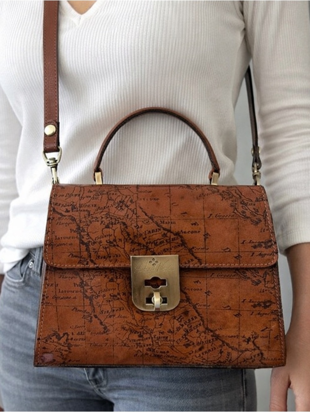 Patricia Nash Chauny Riot Rust Map Print Leather Crossbody Handbag Top Handle e